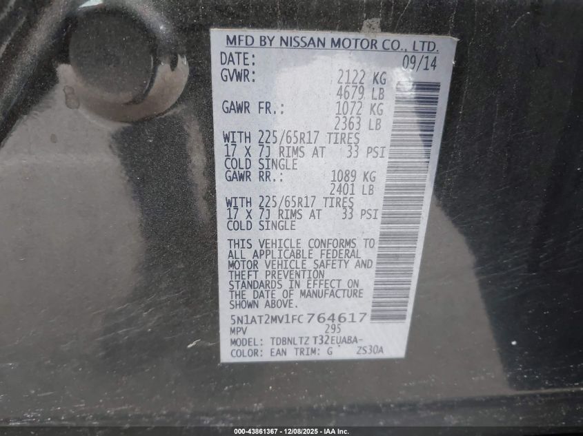 2015 Nissan Rogue Sv VIN: 5N1AT2MV1FC764617 Lot: 43861367