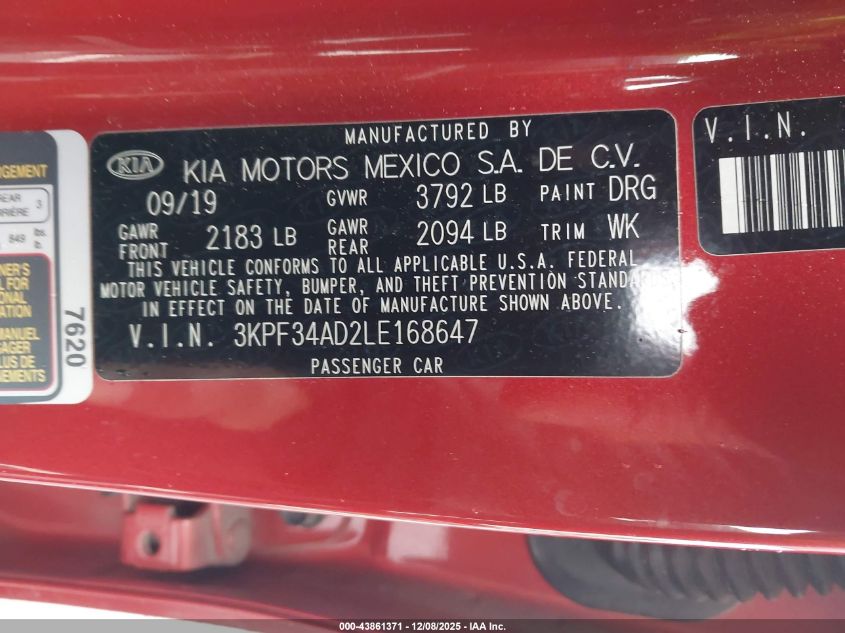 2020 Kia Forte Gt-Line VIN: 3KPF34AD2LE168647 Lot: 43861371