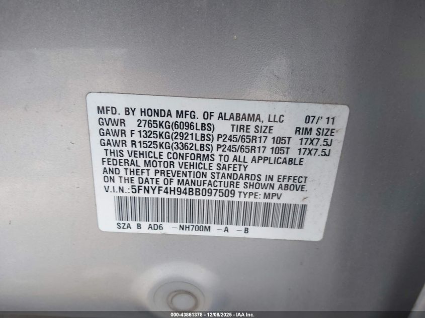 2011 Honda Pilot Touring VIN: 5FNYF4H94BB097509 Lot: 43861378
