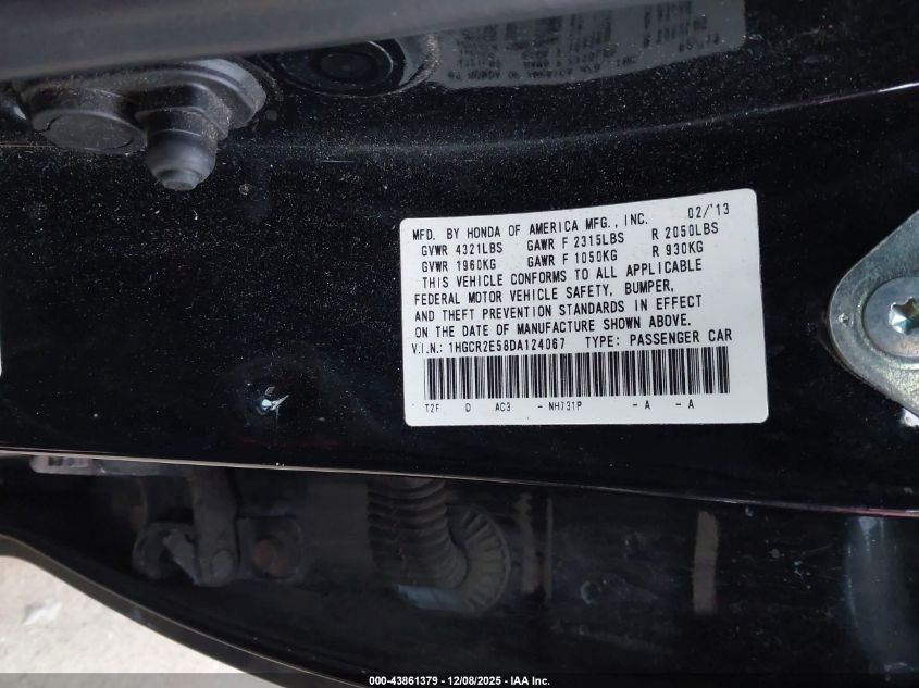2013 Honda Accord Sport VIN: 1HGCR2E58DA124067 Lot: 43861379