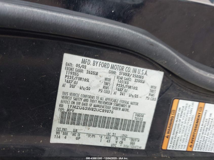 2002 Ford Explorer Xlt VIN: 1FMZU63W82UC89876 Lot: 43861380