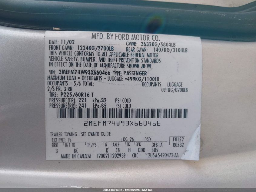 2003 Mercury Grand Marquis Gs VIN: 2MEFM74W93X660466 Lot: 43861382