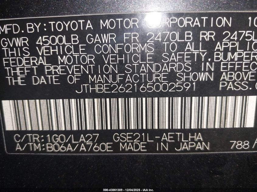 2006 Lexus Is 350 VIN: JTHBE262165002591 Lot: 43861389