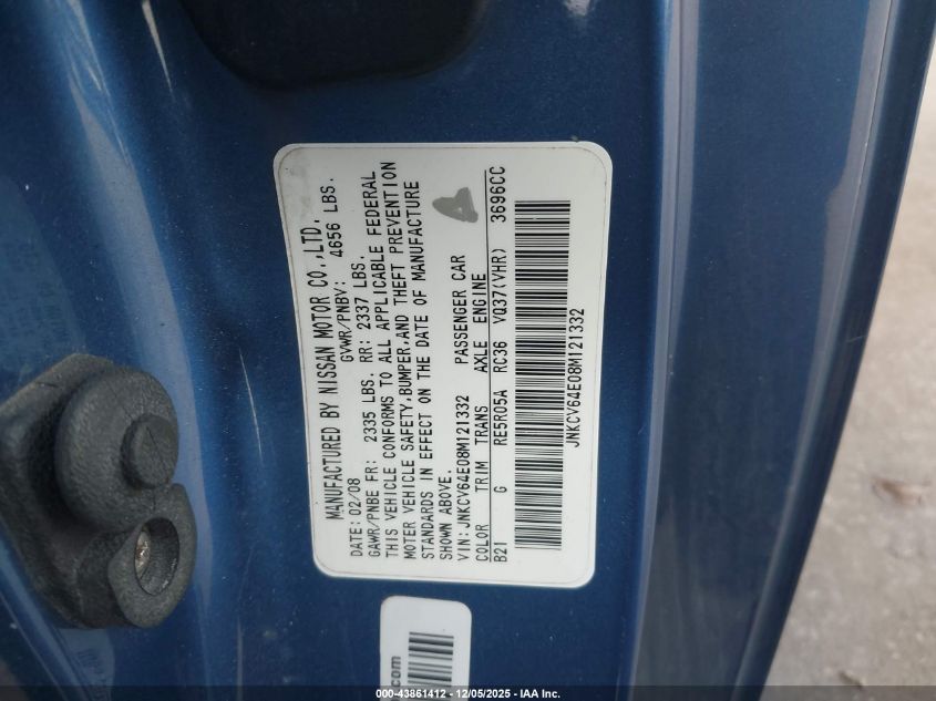 2008 Infiniti G37 Journey VIN: JNKCV64E08M121332 Lot: 43861412