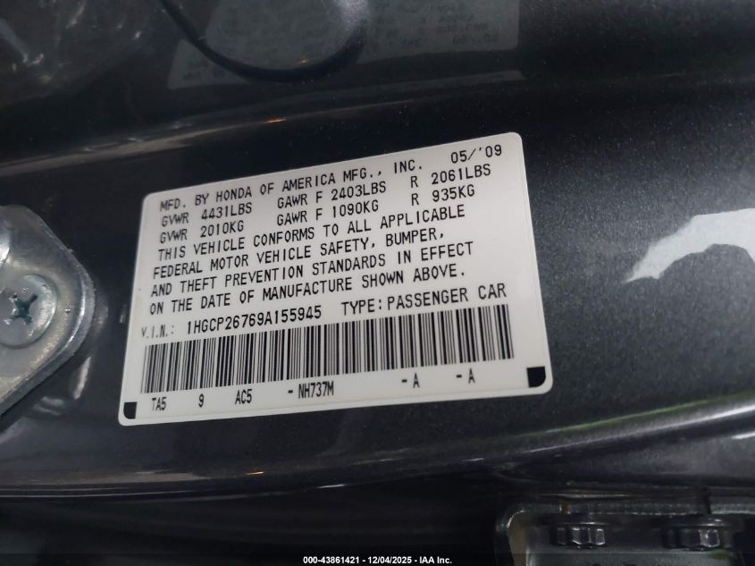 2009 Honda Accord 2.4 Ex VIN: 1HGCP26769A155945 Lot: 43861421