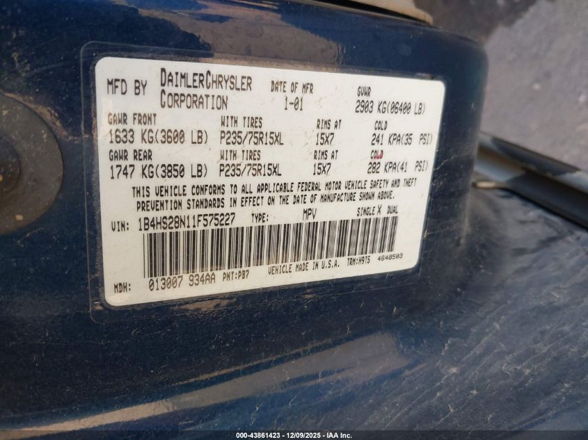 2001 Dodge Durango VIN: 1B4HS28N11F575227 Lot: 43861423