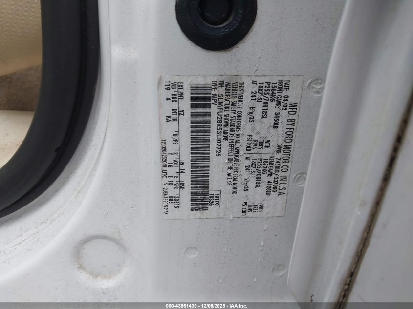 2003 Lincoln Navigator VIN: 5LMFU28R53LJ02726 Lot: 43861430