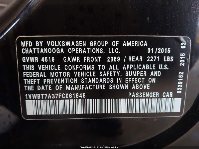 2015 Volkswagen Passat 1.8T Se VIN: 1VWBT7A37FC061948 Lot: 43861432
