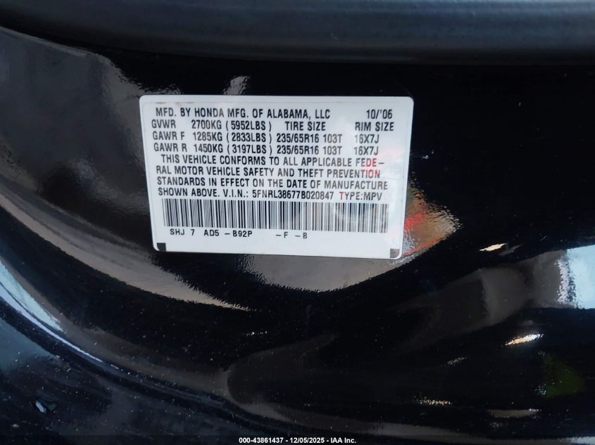 2007 Honda Odyssey Ex-L VIN: 5FNRL38677B020847 Lot: 43861437