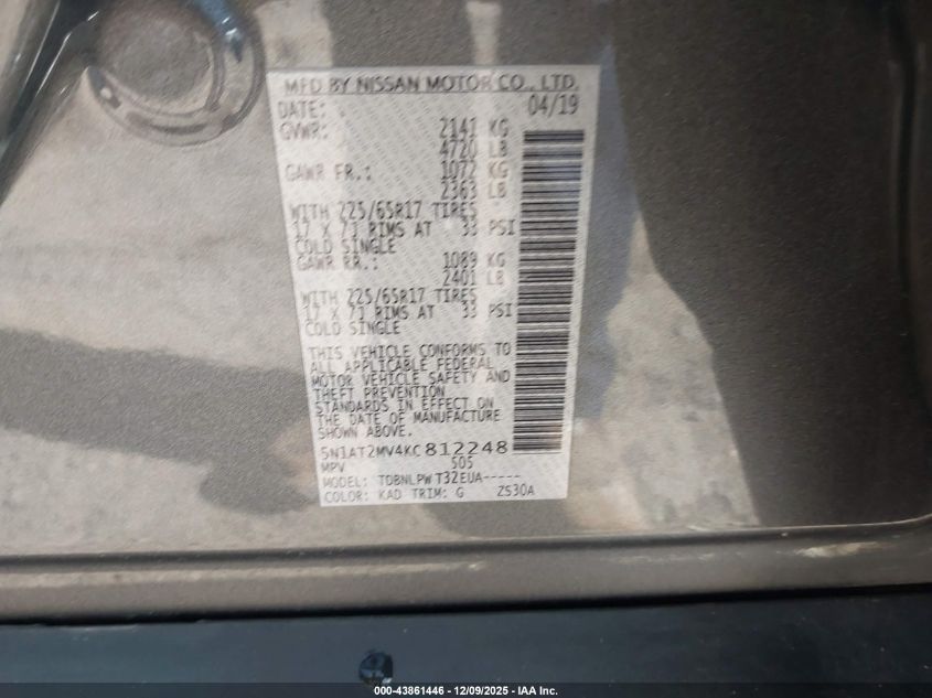 2019 Nissan Rogue S VIN: 5N1AT2MV4KC812248 Lot: 43861446