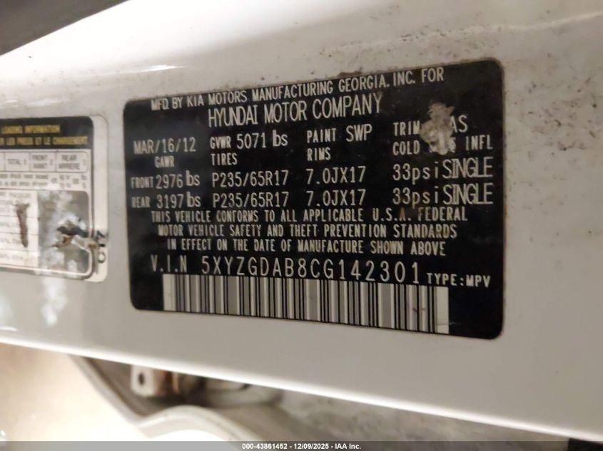 2012 Hyundai Santa Fe Gls VIN: 5XYZGDAB8CG142301 Lot: 43861452