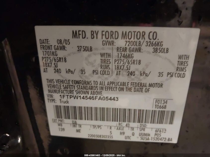 2006 Ford F-150 Fx4/Lariat/Xlt VIN: 1FTPW14546FA05443 Lot: 43861463