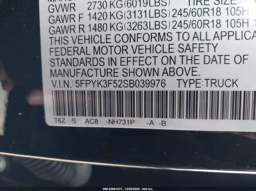 2025 Honda Ridgeline Rtl VIN: 5FPYK3F52SB039976 Lot: 43861473