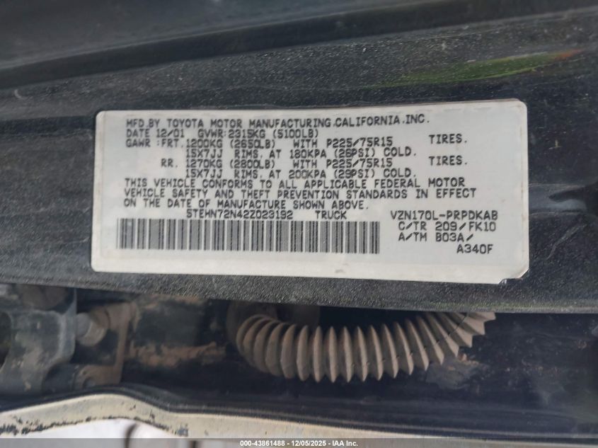 2002 Toyota Tacoma Base V6 VIN: 5TEHN72N42Z023192 Lot: 43861488