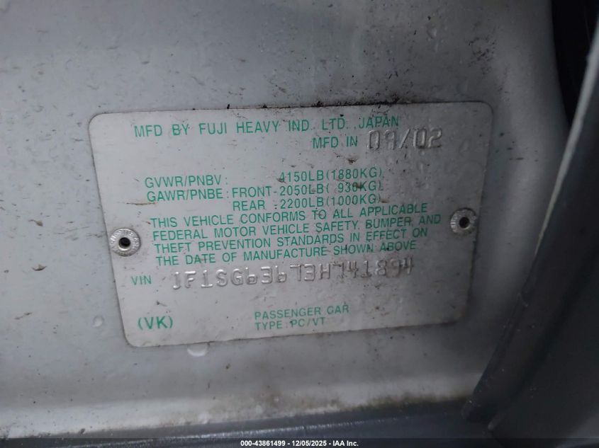 2003 Subaru Forester X VIN: JF1SG63673H741894 Lot: 43861499