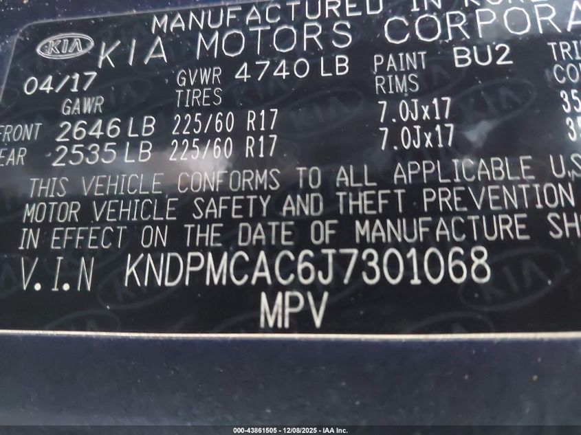 2018 Kia Sportage Lx VIN: KNDPMCAC6J7301068 Lot: 43861505