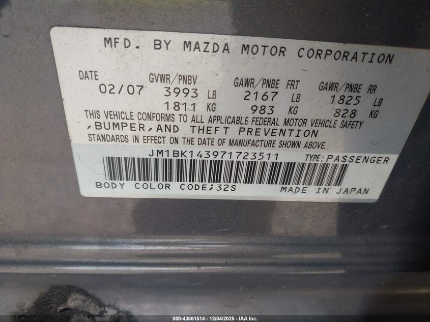 2007 MAZDA 3 HATCHBACK 2.3L I-4 DOHC, VVT, 151HP