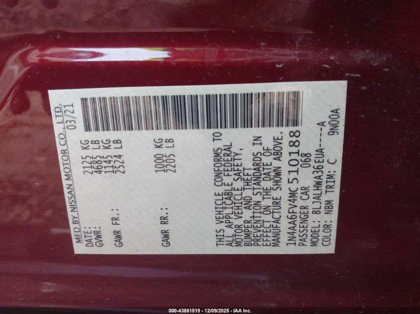 2021 Nissan Maxima Platinum Xtronic Cvt VIN: 1N4AA6FV4MC510188 Lot: 43861519