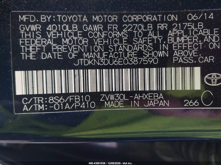 2014 Toyota Prius Two VIN: JTDKN3DU6E0387590 Lot: 43861536