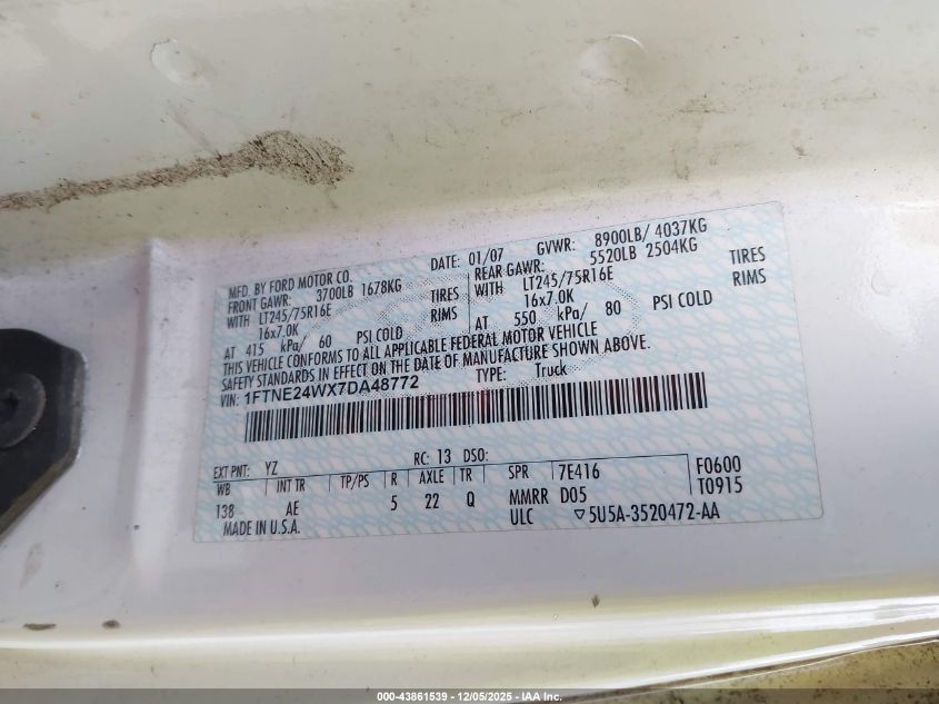 2007 Ford E-250 Commercial/Recreational VIN: 1FTNE24WX7DA48772 Lot: 43861539
