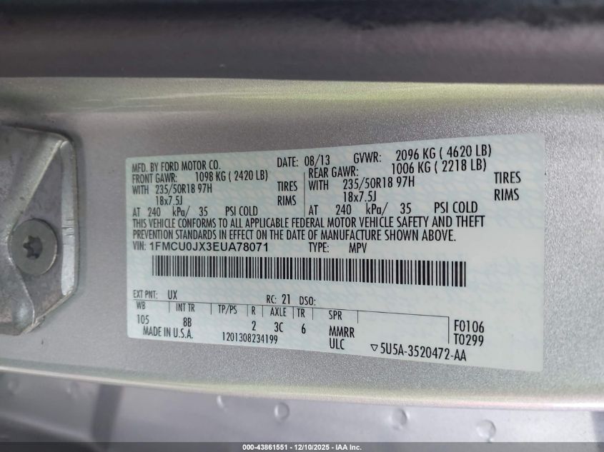 2014 Ford Escape Titanium VIN: 1FMCU0JX3EUA78071 Lot: 43861551