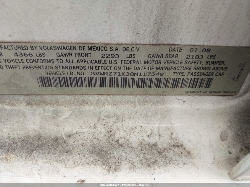 2008 Volkswagen Jetta Sel VIN: 3VWRZ71K38M117549 Lot: 43861567
