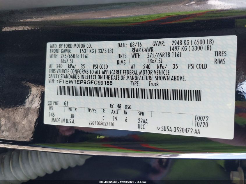 2016 Ford F-150 Xlt VIN: 1FTEW1EP9GFC99186 Lot: 43861580