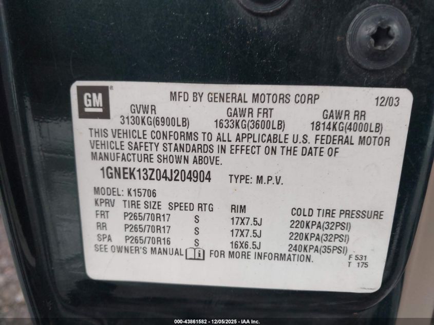 2004 Chevrolet Tahoe Lt VIN: 1GNEK13Z04J204909 Lot: 43861582