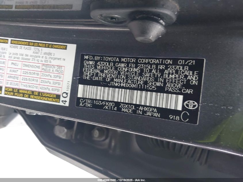 2021 Toyota C-Hr Xle VIN: JTNKHMBXXM1111525 Lot: 43861586