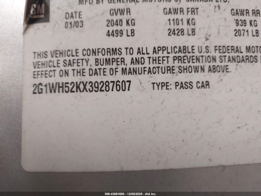 2003 Chevrolet Impala Ls VIN: 2G1WH52KX39287607 Lot: 43861600