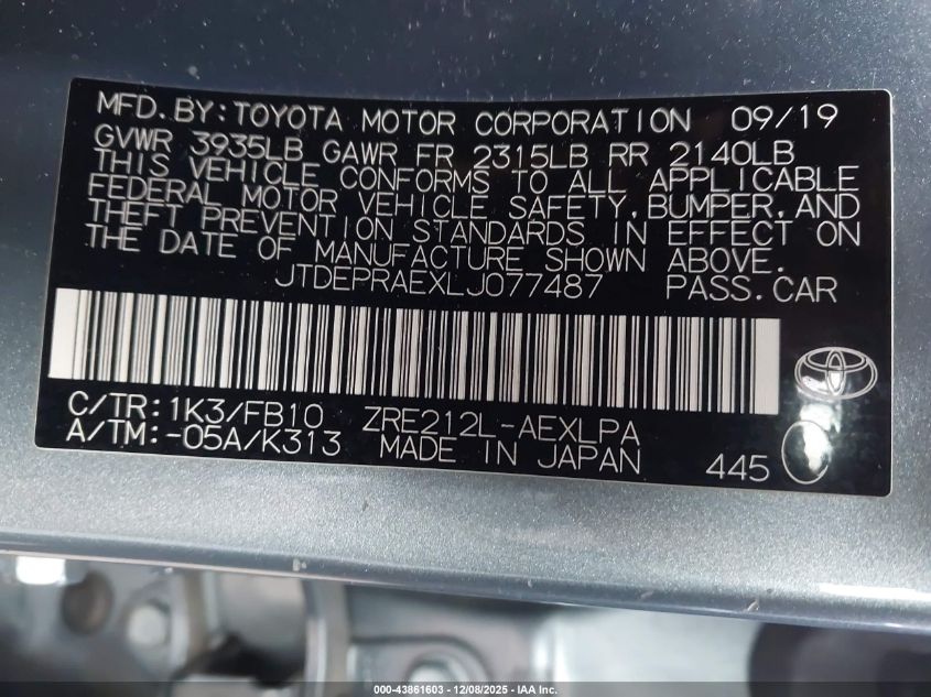 2020 Toyota Corolla Le VIN: JTDEPRAEXLJ077487 Lot: 43861603