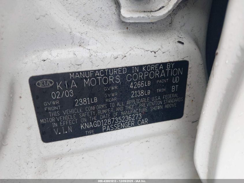 2003 Kia Optima Lx V6/Se V6 VIN: KNAGD128735236273 Lot: 43861613