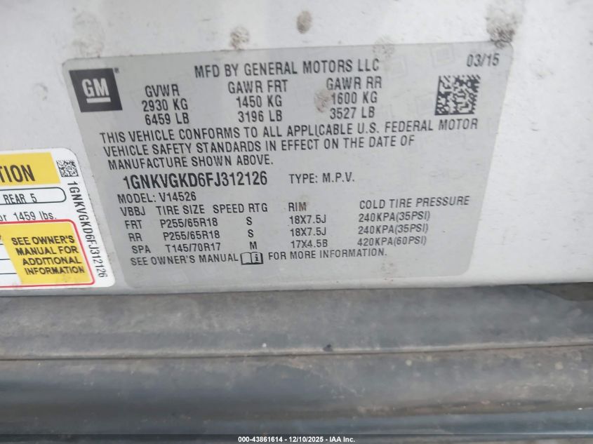 2015 Chevrolet Traverse 1Lt VIN: 1GNKVGKD6FJ312126 Lot: 43861614