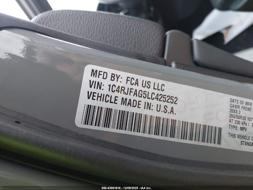 2020 Jeep Grand Cherokee Altitude 4X4 VIN: 1C4RJFAG5LC425252 Lot: 43861616