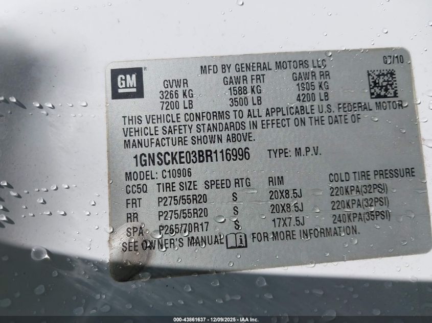 2011 Chevrolet Suburban 1500 Ltz VIN: 1GNSCKE03BR116996 Lot: 43861637