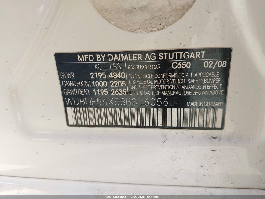 2008 Mercedes-Benz E 350 VIN: WDBUF56X58B316056 Lot: 43861644
