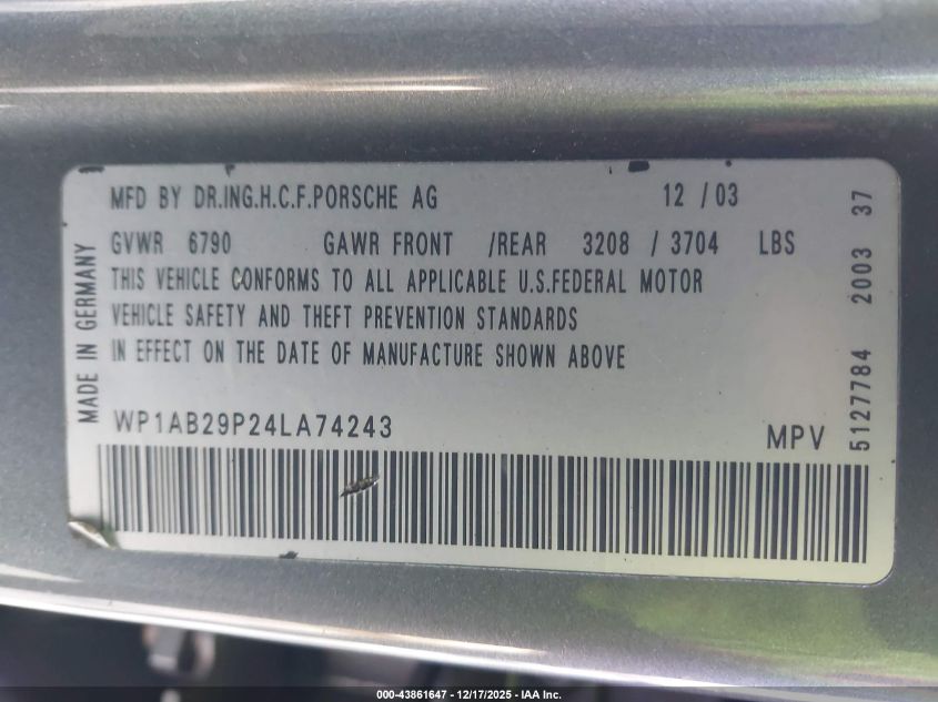 2004 Porsche Cayenne S VIN: WP1AB29P24LA74243 Lot: 43861647
