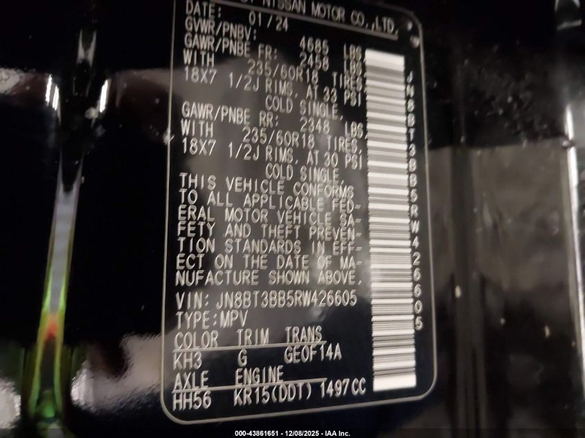 2024 Nissan Rogue Sv Intelligent Awd VIN: JN8BT3BB5RW426605 Lot: 43861651