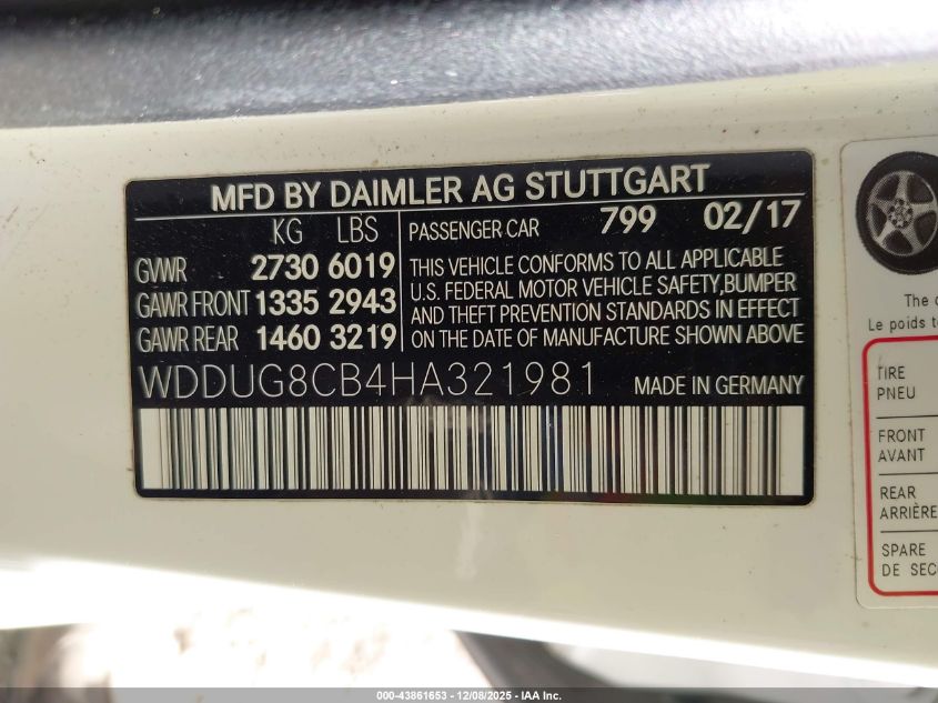 2017 Mercedes-Benz S 550 VIN: WDDUG8CB4HA321981 Lot: 43861653