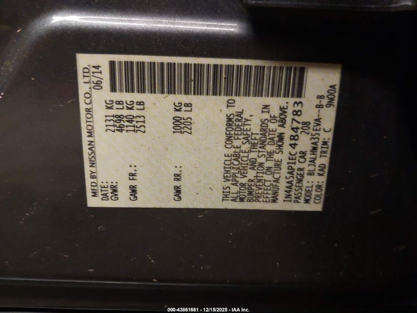 2014 Nissan Maxima 3.5 Sv VIN: 1N4AA5AP1EC484783 Lot: 43861661