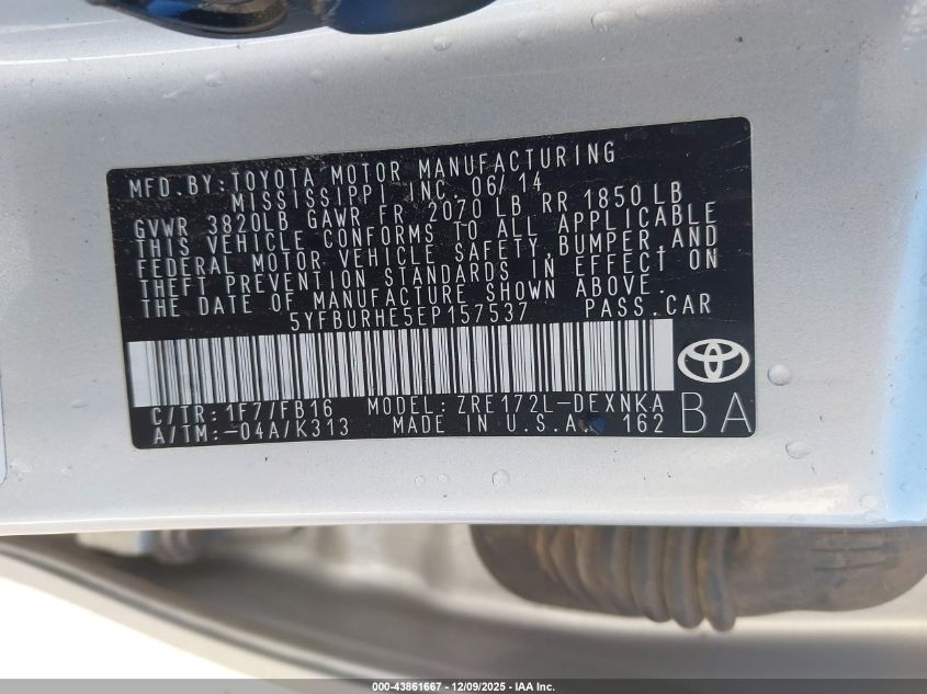 2014 Toyota Corolla Le Plus VIN: 5YFBURHE5EP157537 Lot: 43861667