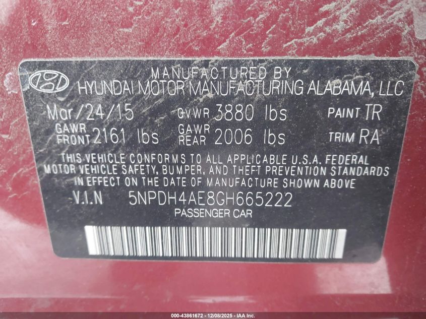 2016 Hyundai Elantra Se VIN: 5NPDH4AE8GH665222 Lot: 43861672
