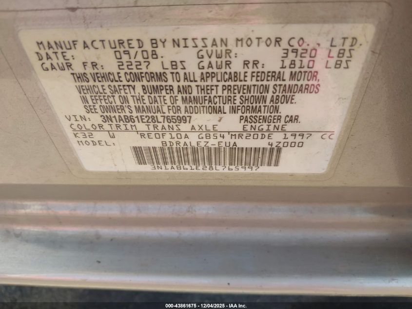 2008 Nissan Sentra 2.0S VIN: 3N1AB61E28L765997 Lot: 43861675