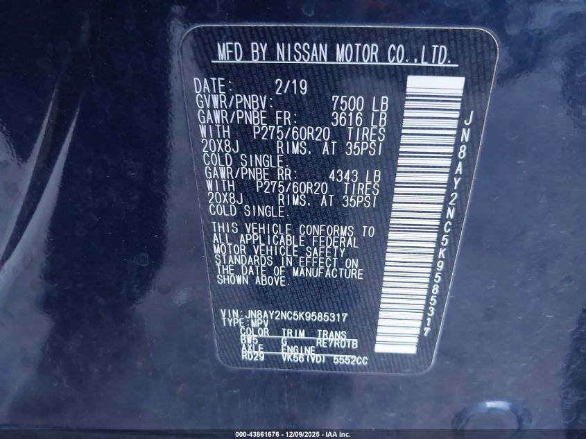 2019 Nissan Armada Sl VIN: JN8AY2NC5K9585317 Lot: 43861676