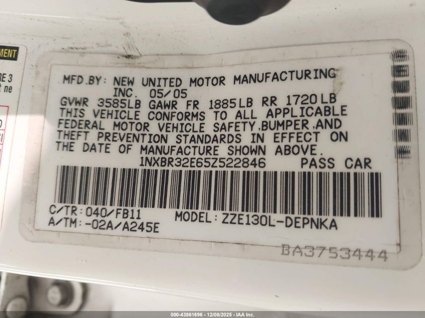 2005 Toyota Corolla Le VIN: 1NXBR32E65Z522846 Lot: 43861696