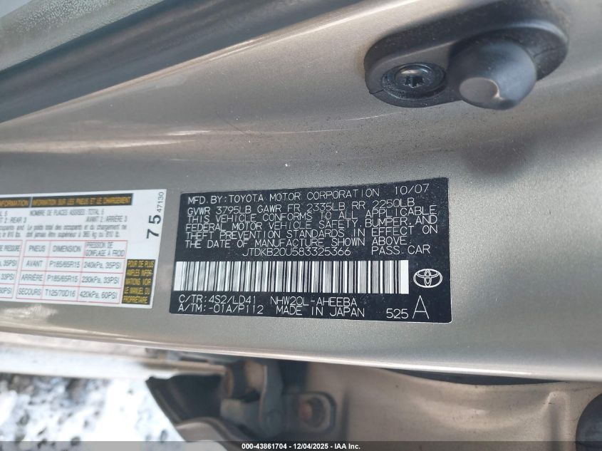 2008 Toyota Prius VIN: JTDKB20U583325366 Lot: 43861704