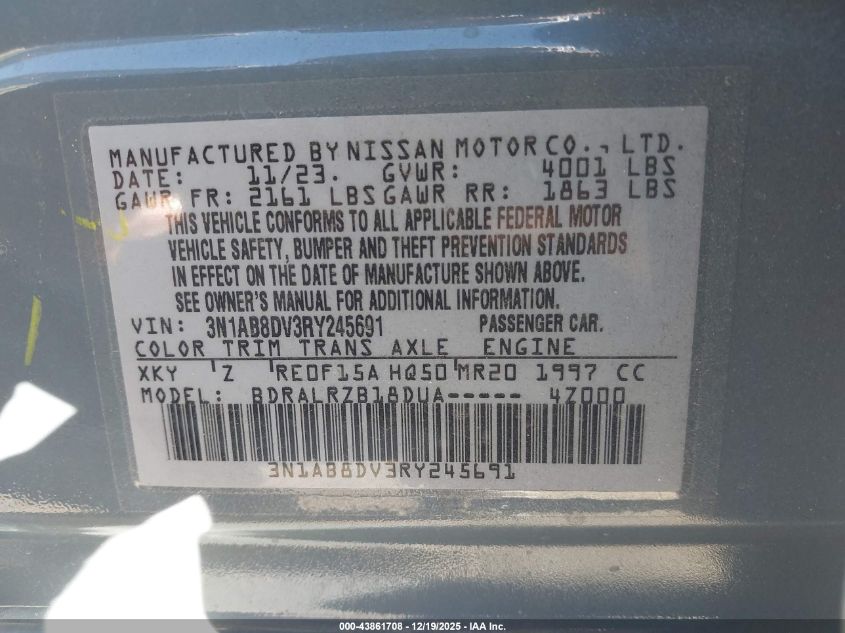 2024 Nissan Sentra Sr Xtronic Cvt VIN: 3N1AB8DV3RY245691 Lot: 43861708