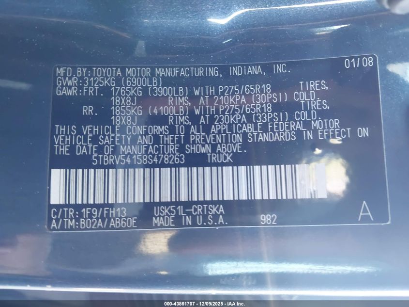 2008 Toyota Tundra Sr5 5.7L V8 VIN: 5TBRV54158S478263 Lot: 43861707