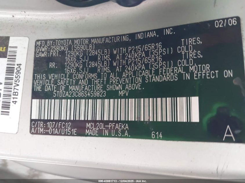 2006 Toyota Sienna Le VIN: 5TDZA23C86S459823 Lot: 43861713