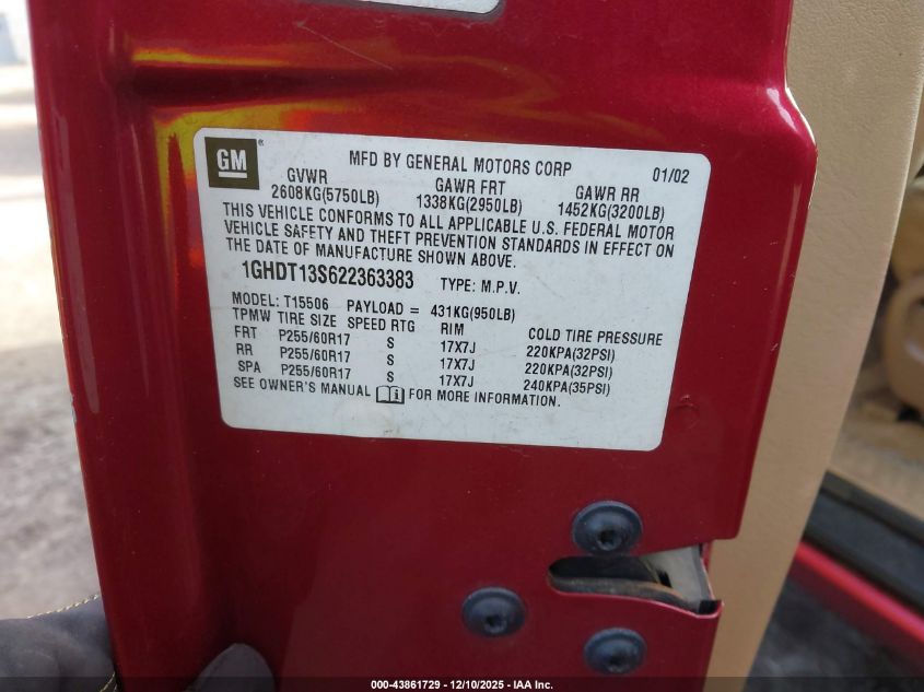 2002 Oldsmobile Bravada VIN: 1GHDT13S622363383 Lot: 43861729